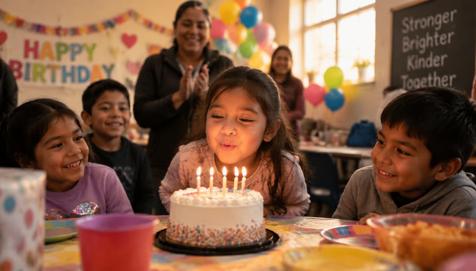 A joyful birthday celebration with cake, candles, and colorful decorations