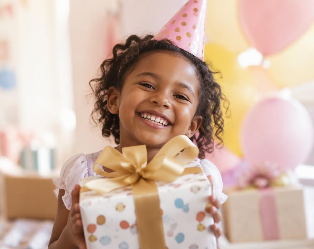 A smiling child in a party hat holding a wrapped birthday gift