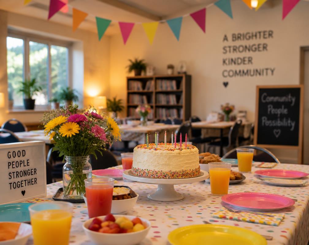 A festive birthday party table with cake, bunting, and juice cups