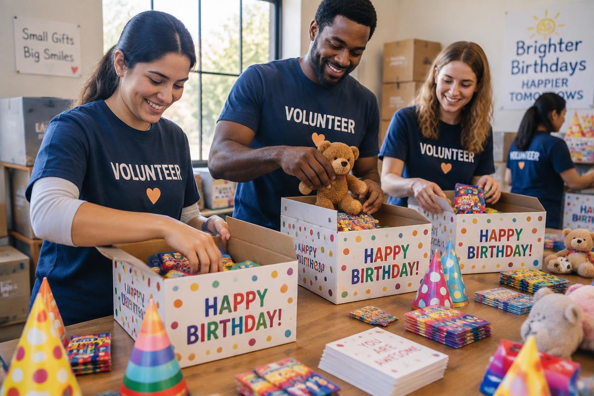 Volunteers cheerfully packing colorful birthday gift boxes together